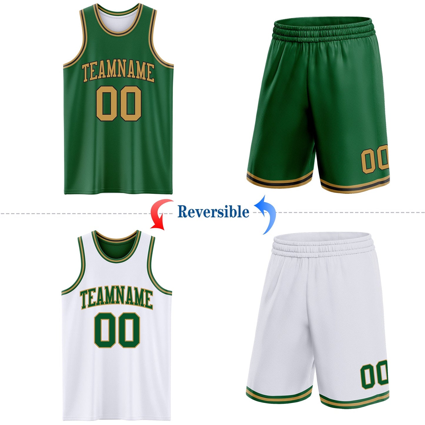Custom Reversible Kelly Green Old Gold-Black Double Side Sublimation Basketball Set Jersey view 2