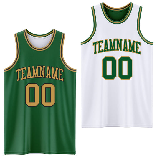 Custom Reversible Kelly Green Old Gold-Black Double Side Sublimation Basketball Set Jersey - Main View