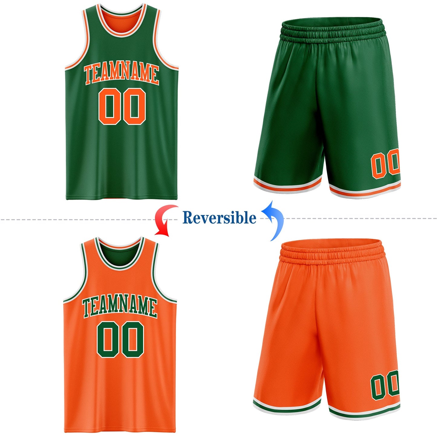 Custom Reversible Kelly Green Orange-White Double Side Sublimation Basketball Set Jersey view 2