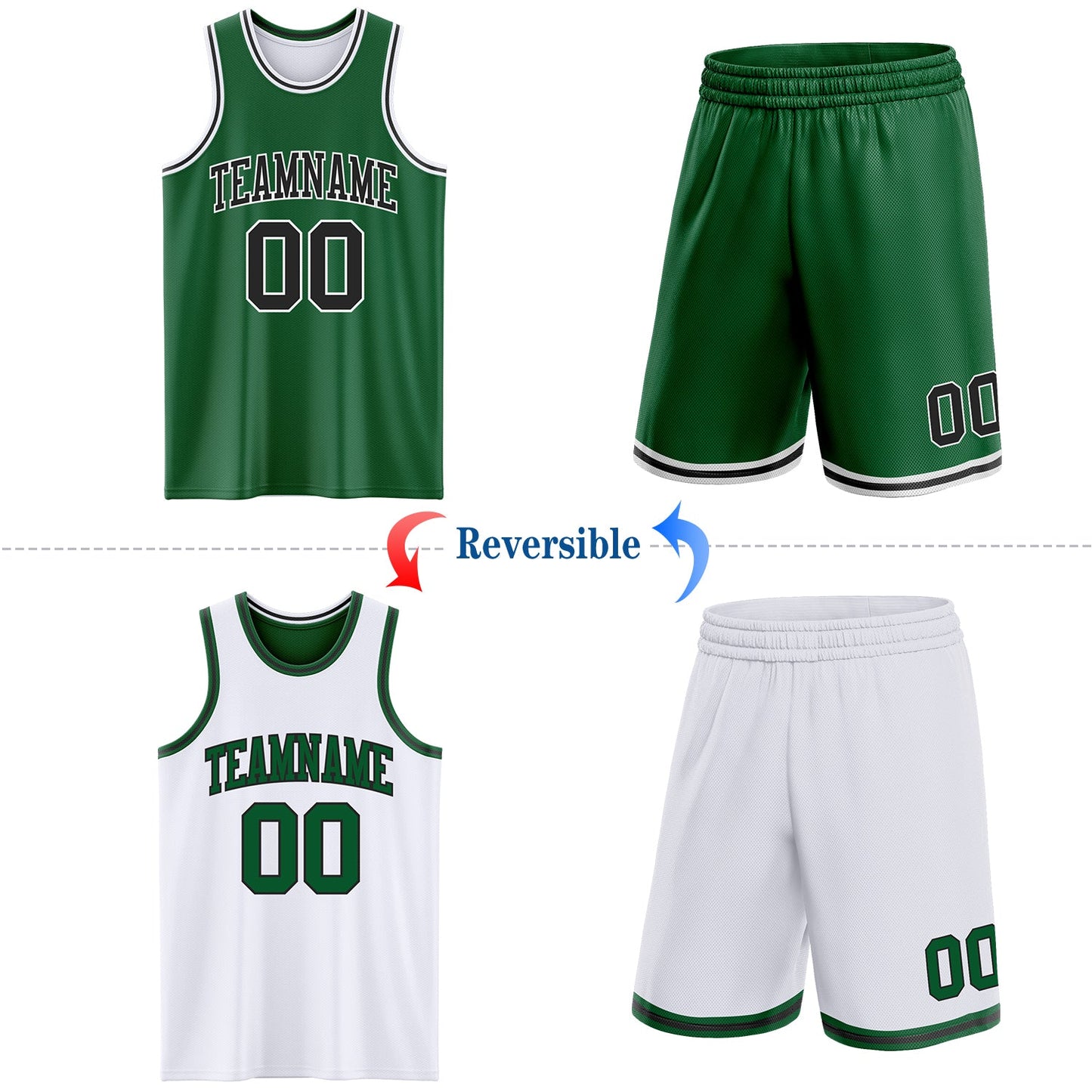 Custom Reversible Kelly Green Black-White Double Side Sublimation Basketball Set Jersey view 2