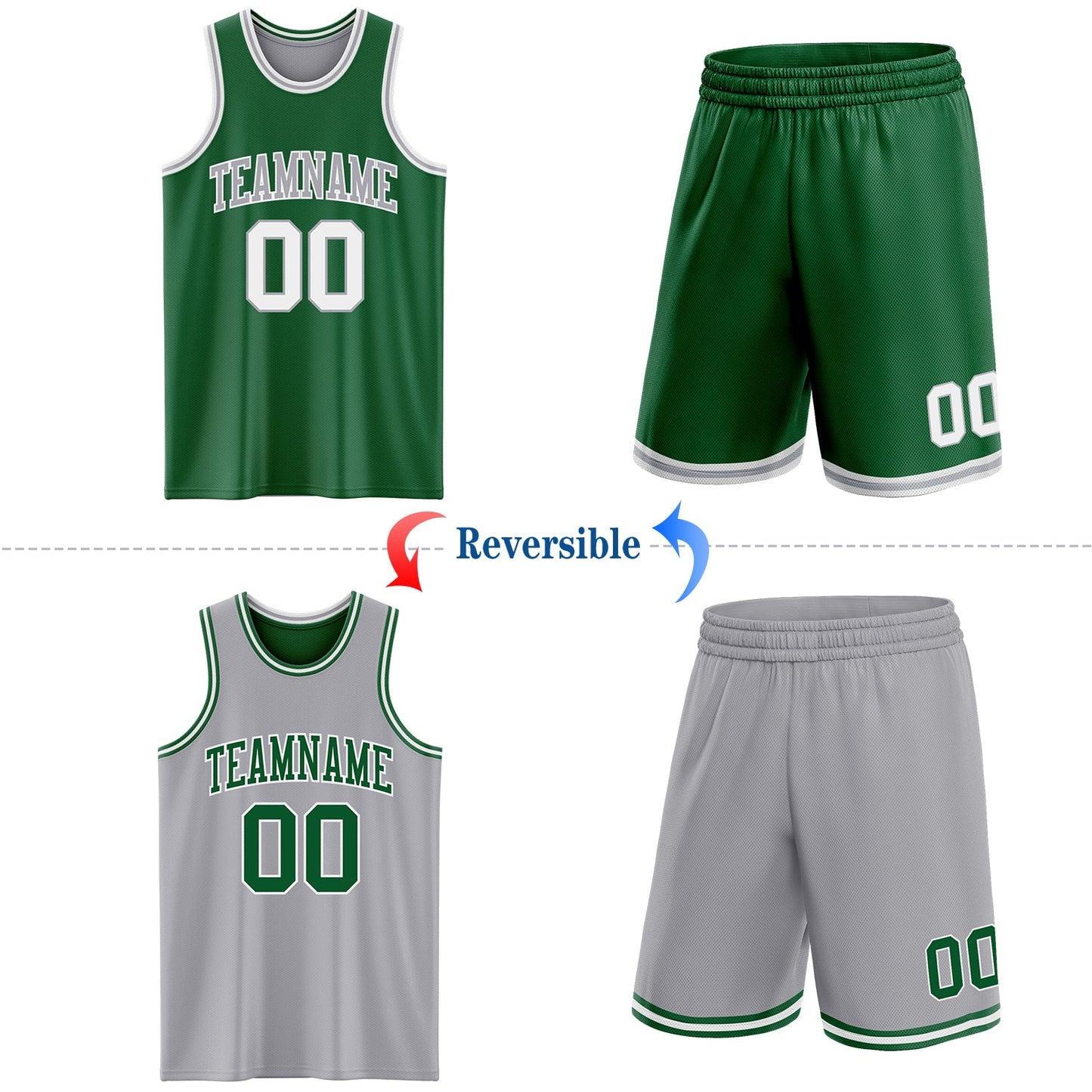 Custom Reversible Kelly Green White-Gray Double Side Sublimation Basketball Set Jersey view 2