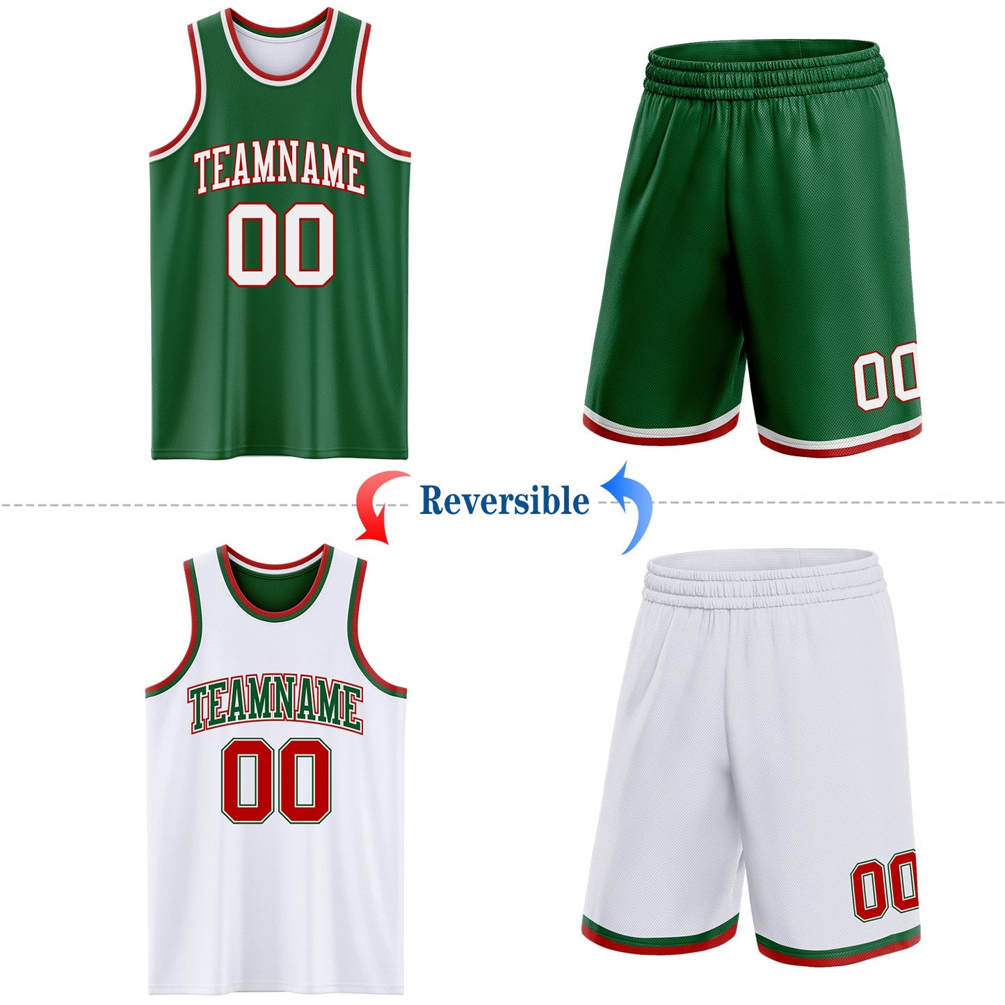 Custom Reversible Kelly Green White-Red Double Side Sublimation Basketball Set Jersey view 2