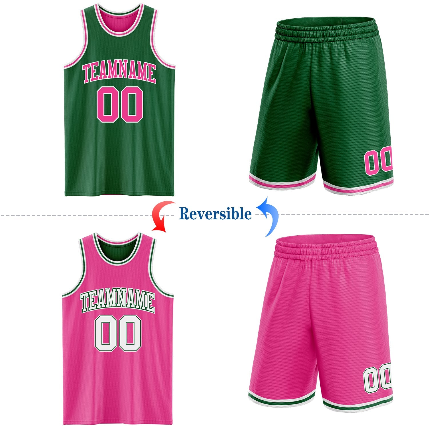 Custom Reversible Kelly Green Pink-White Double Side Sublimation Basketball Set Jersey view 2
