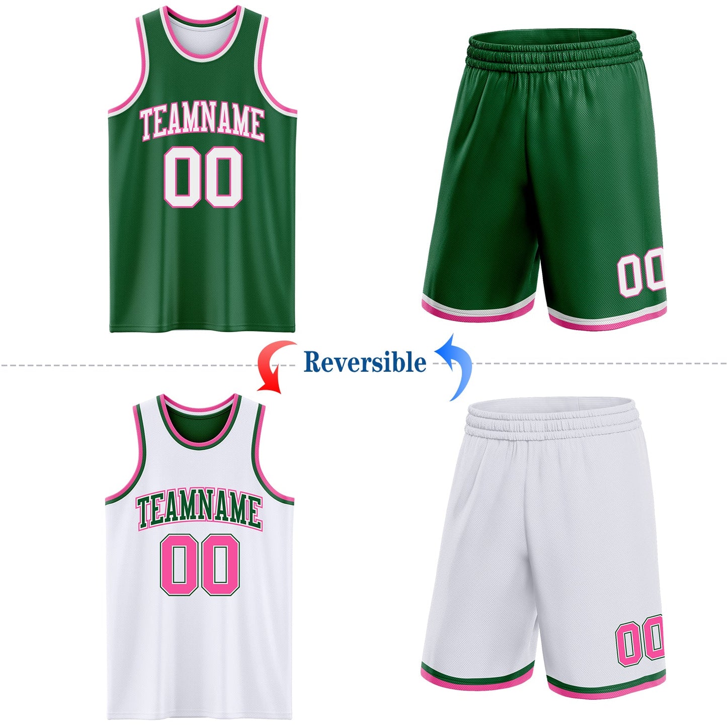 Custom Reversible Kelly Green White-Pink Double Side Sublimation Basketball Set Jersey view 2