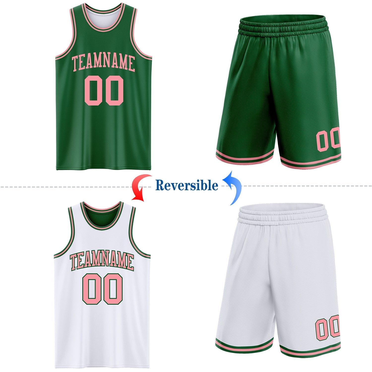 Custom Reversible Kelly Green Medium Pink Double Side Sublimation Basketball Set Jersey view 2