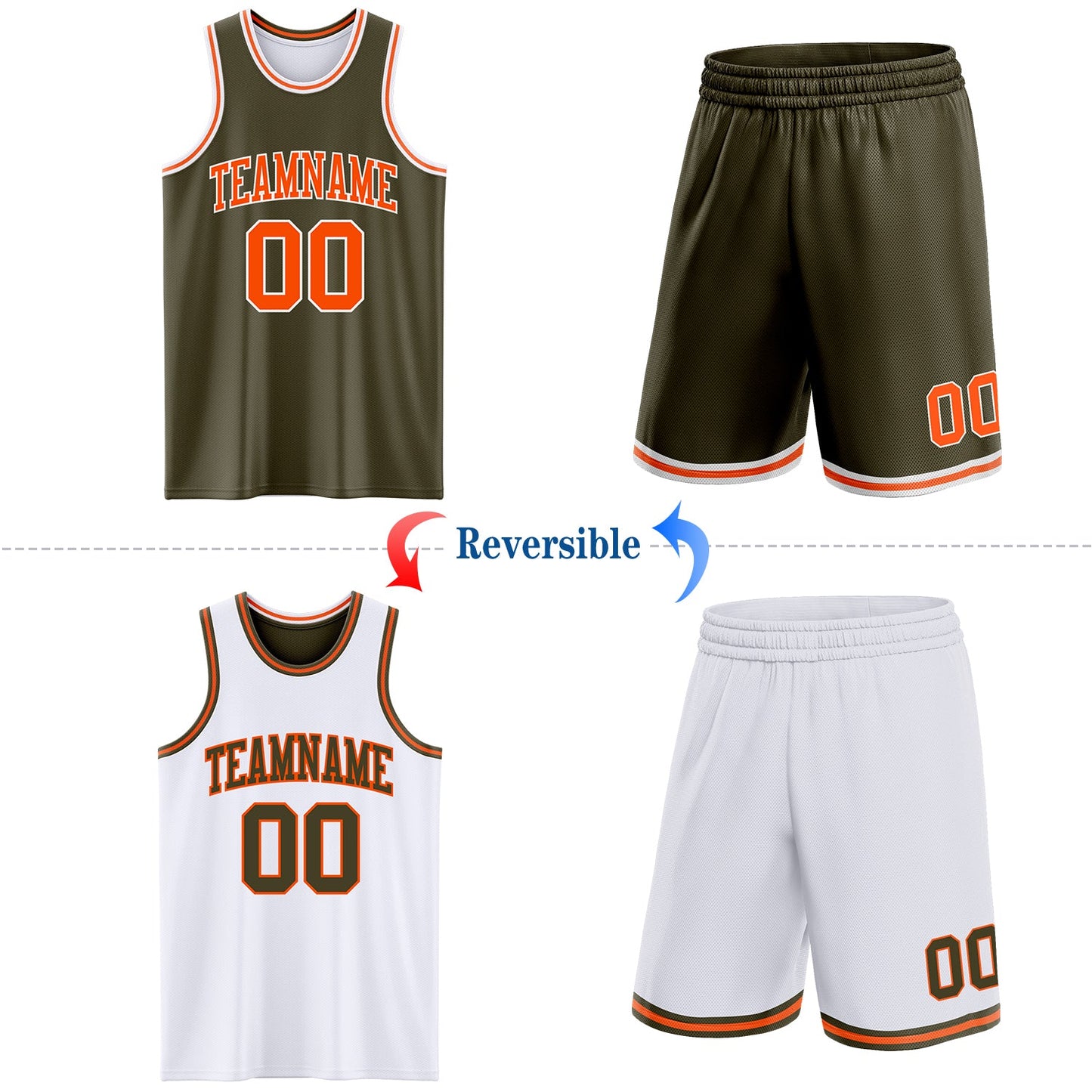 Custom Reversible Olive Orange-White Double Side Salute To Service Sublimation Basketball Set Jersey view 2