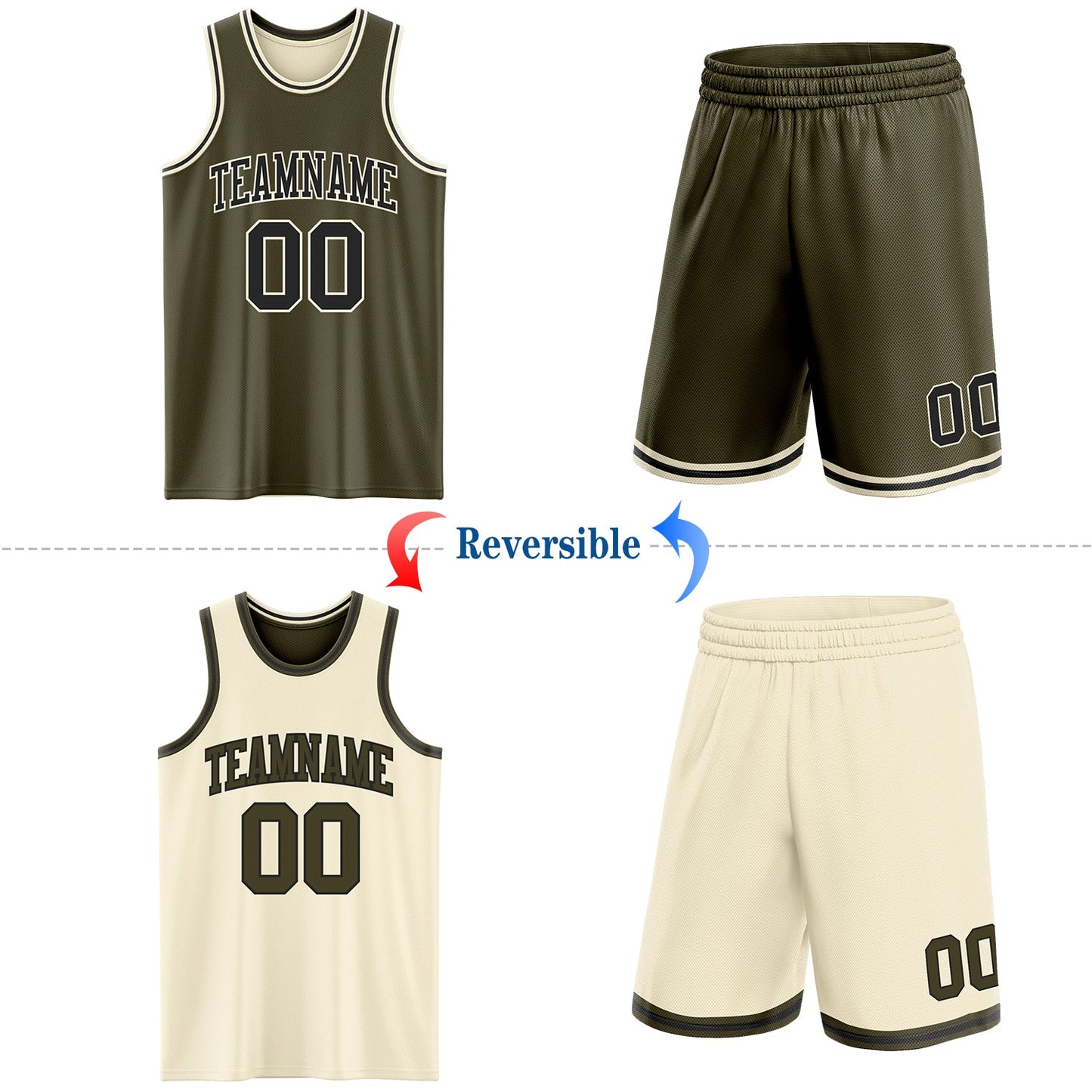 Custom Reversible Olive Black-Cream Double Side Salute To Service Sublimation Basketball Set Jersey view 2
