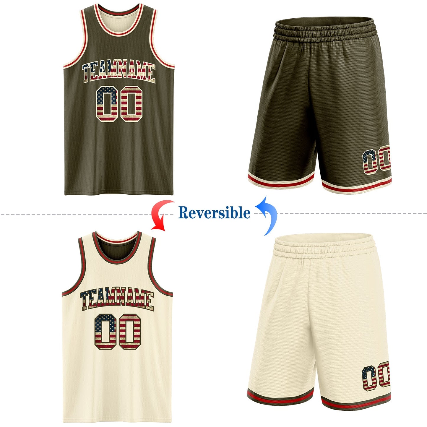 Custom Reversible Olive Vintage USA Flag Cream-Red Double Side Salute To Service Sublimation Basketball Set Jersey view 2