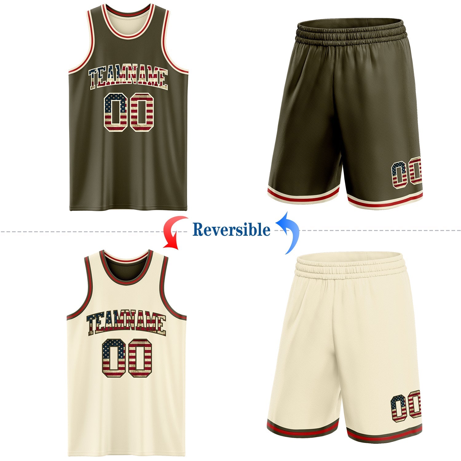 Custom Reversible Olive Vintage USA Flag Cream-Red Double Side Salute To Service Sublimation Basketball Set Jersey view 2