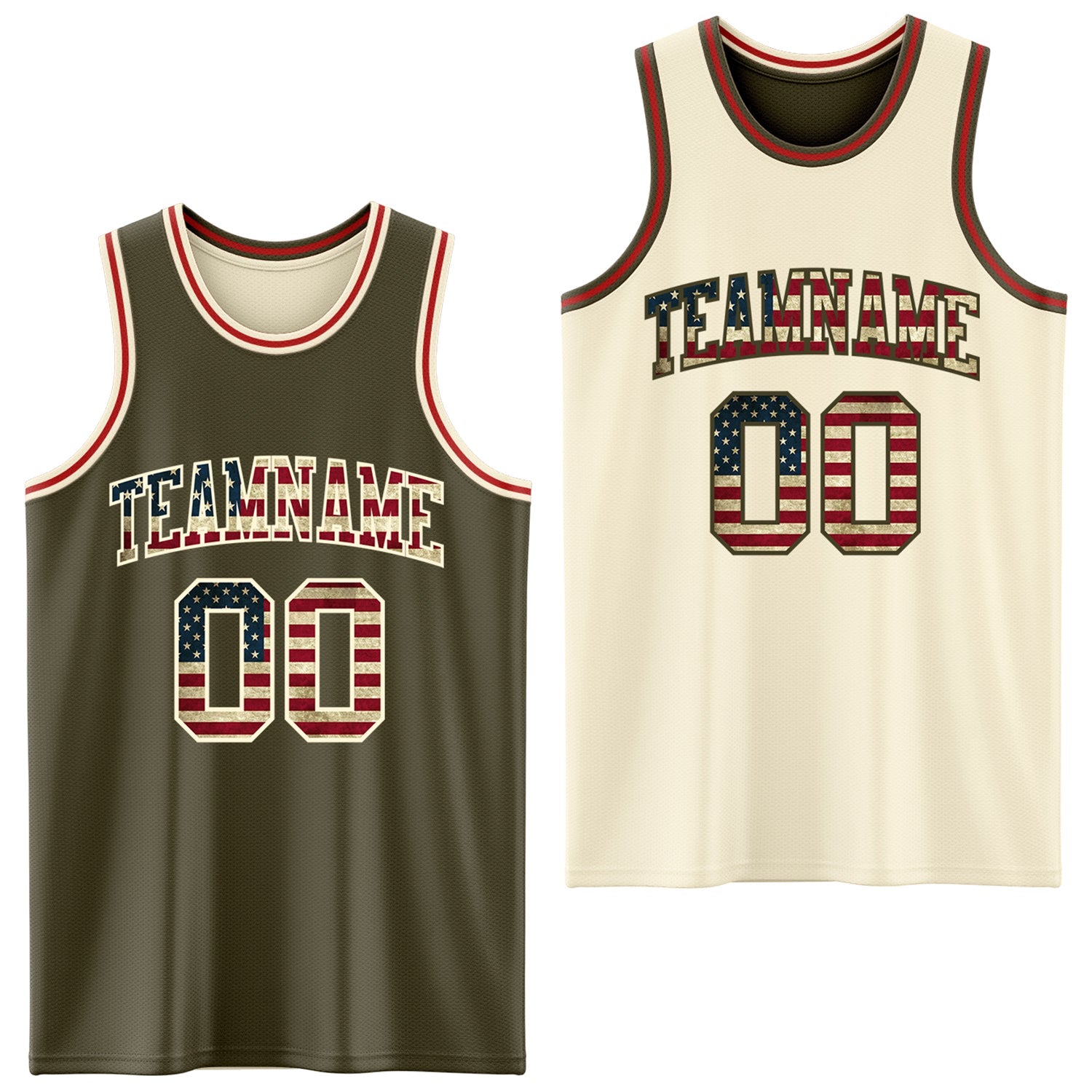 Custom Reversible Olive Vintage USA Flag Cream-Red Double Side Salute To Service Sublimation Basketball Set Jersey - Main View