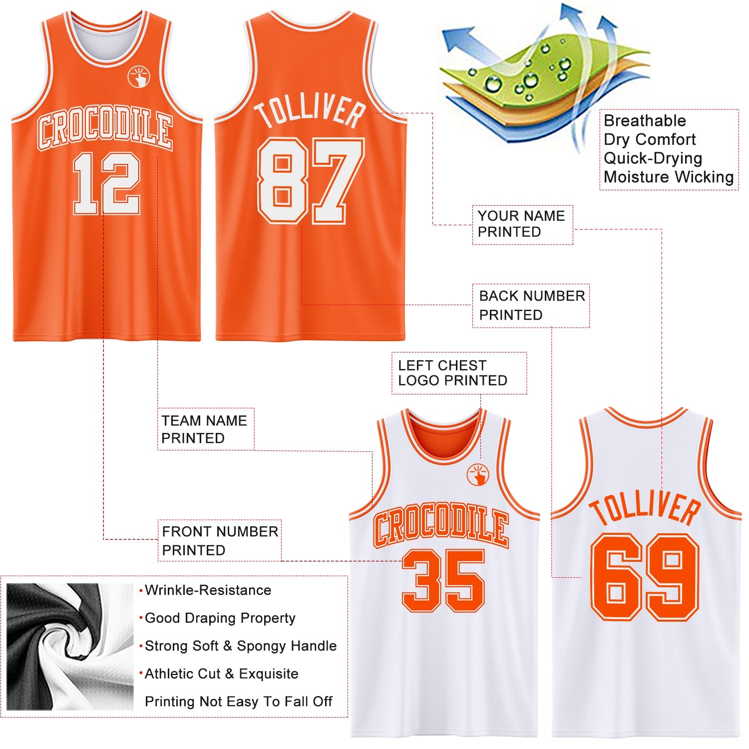 Custom Reversible Orange White Double Side Sublimation Basketball Set Jersey view 5