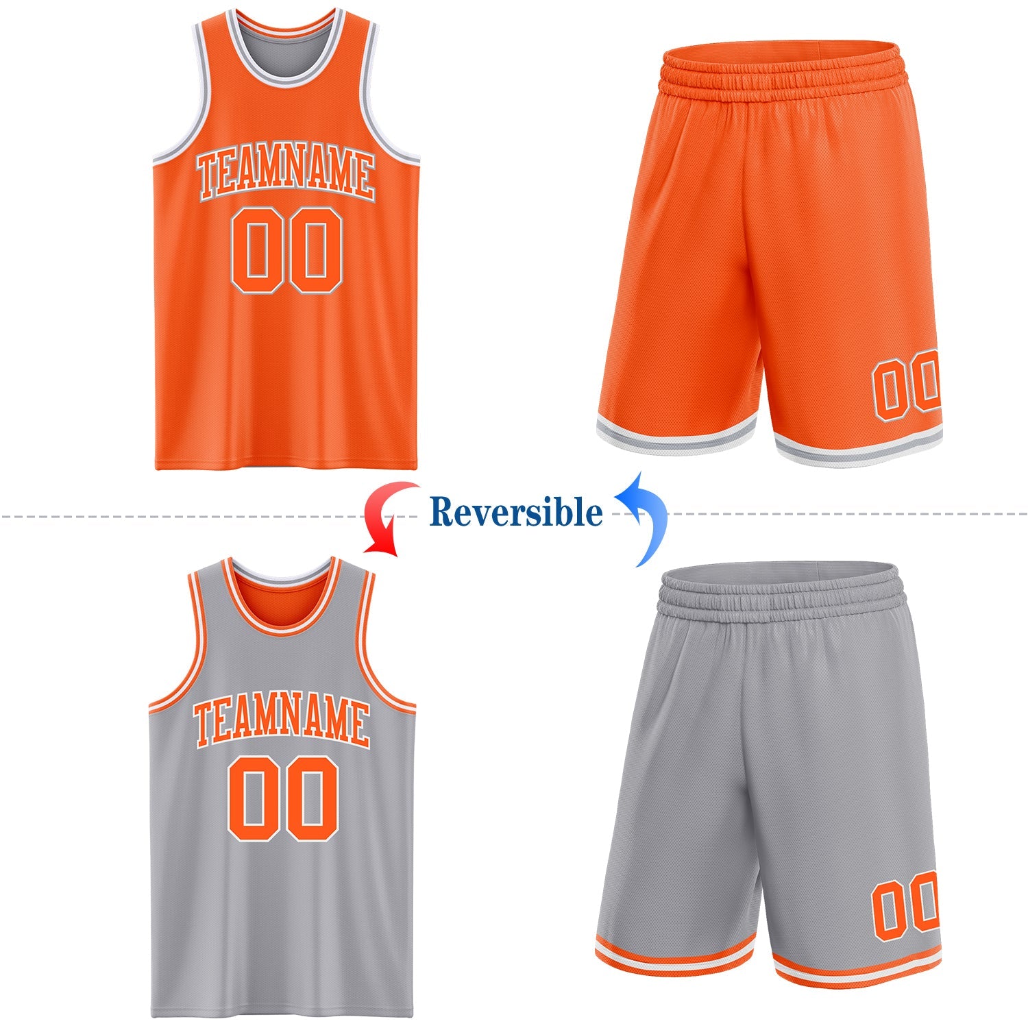 Custom Reversible Orange White-Gray Double Side Sublimation Basketball Set Jersey view 2
