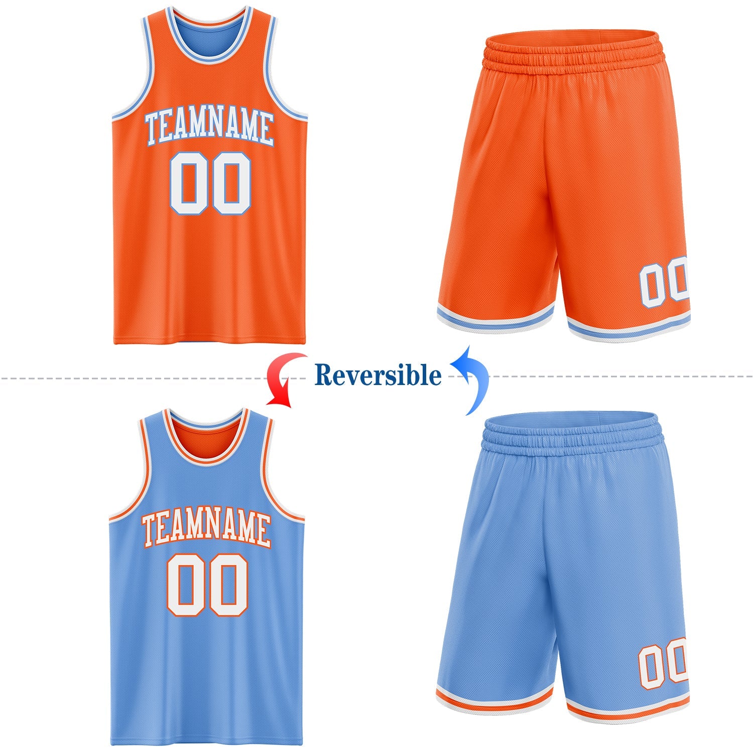 Custom Reversible Orange White-Light Blue Double Side Sublimation Basketball Set Jersey view 2