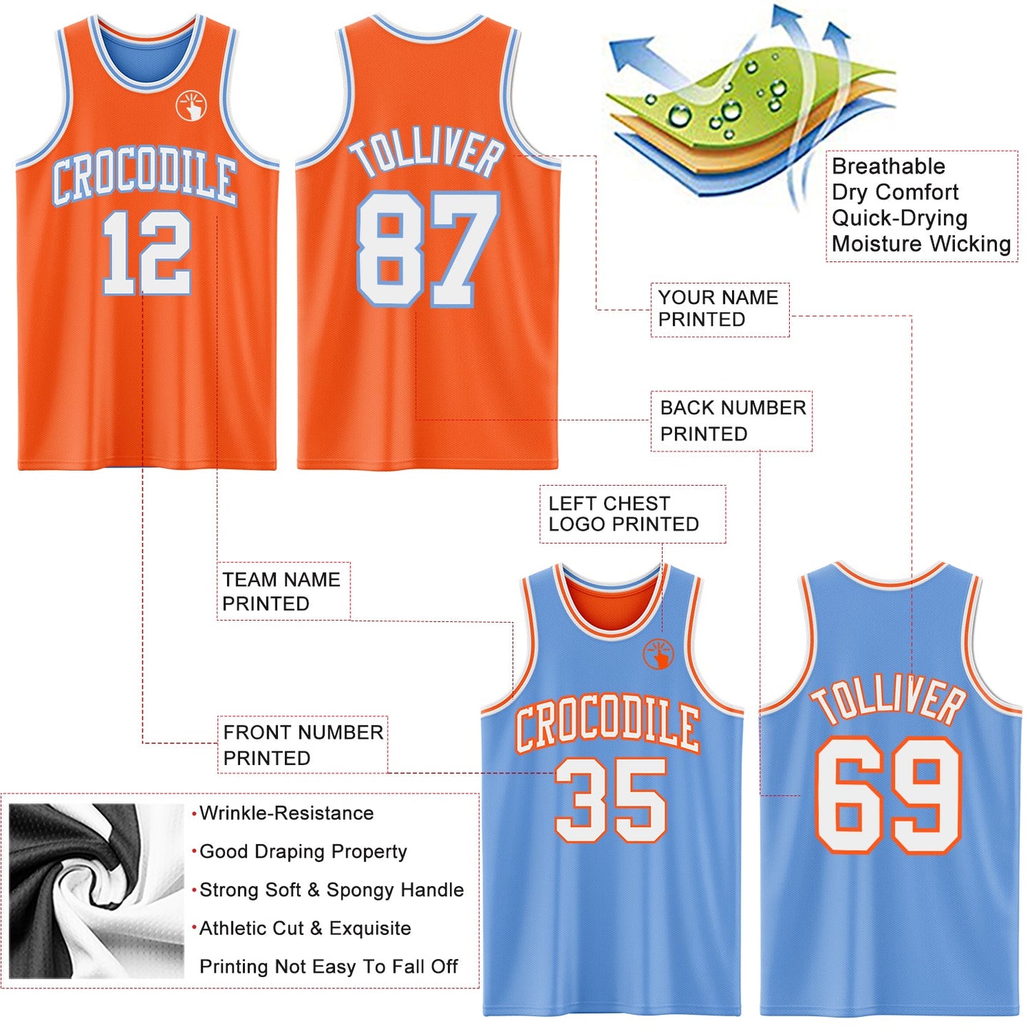 Custom Reversible Orange White-Light Blue Double Side Sublimation Basketball Set Jersey view 5