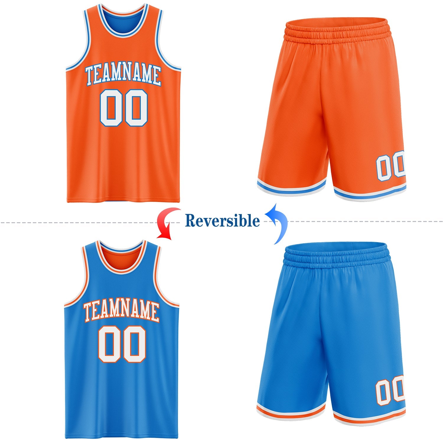 Custom Reversible Orange White-Powder Blue Double Side Sublimation Basketball Set Jersey view 2