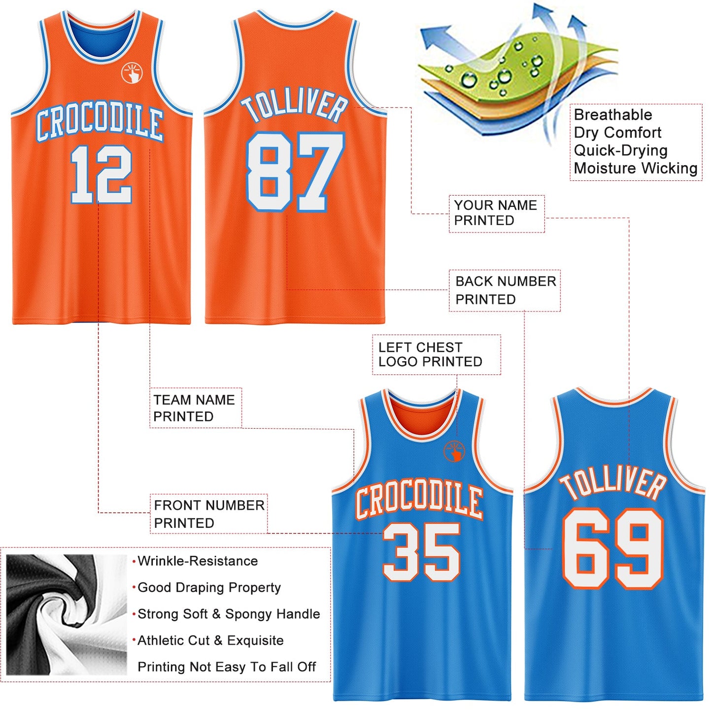 Custom Reversible Orange White-Powder Blue Double Side Sublimation Basketball Set Jersey view 5