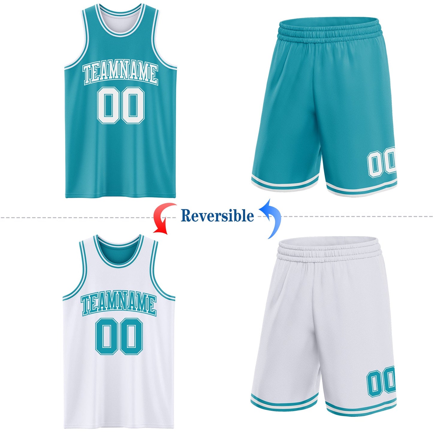Custom Reversible Teal White Double Side Sublimation Basketball Set Jersey view 2