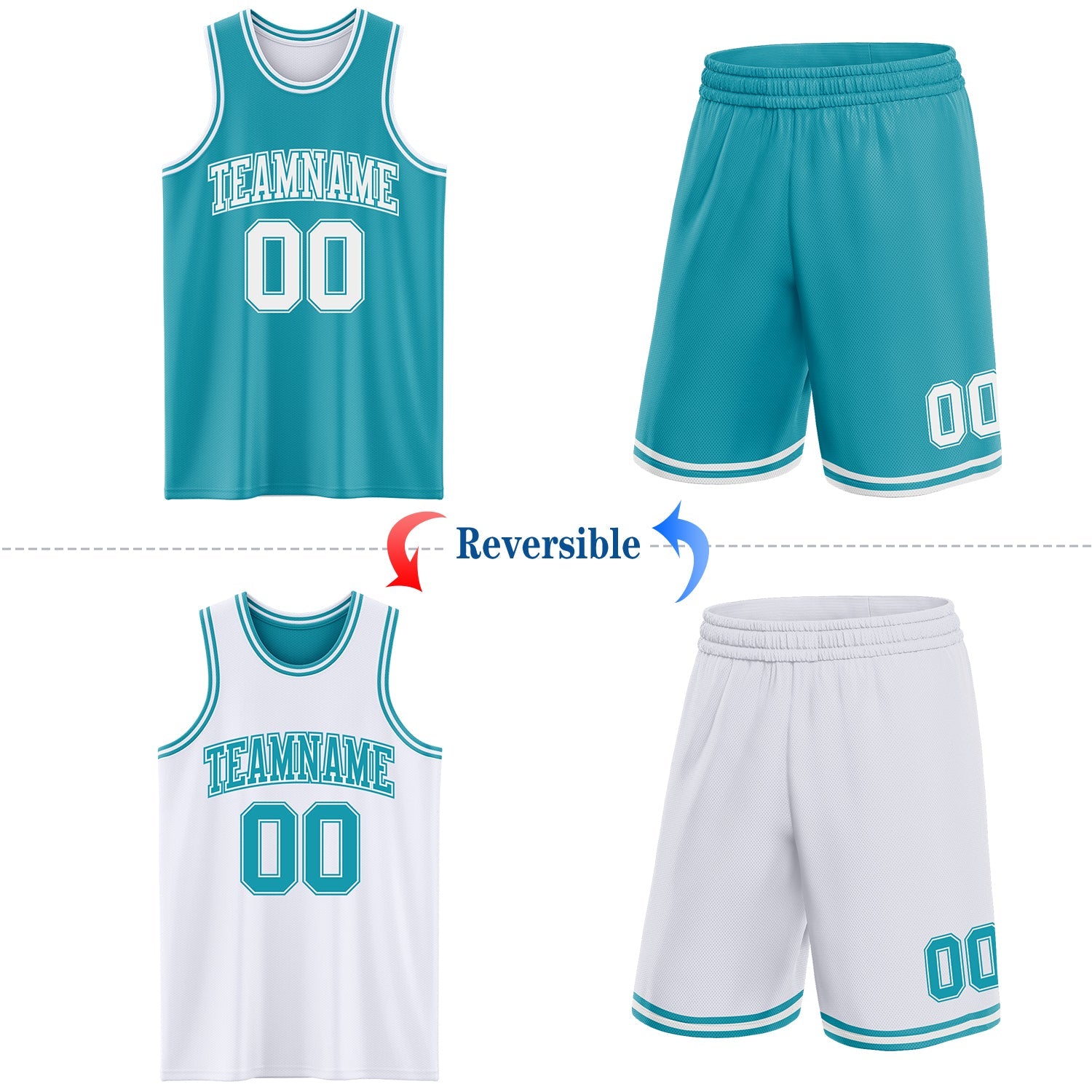 Custom Reversible Teal White Double Side Sublimation Basketball Set Jersey view 2