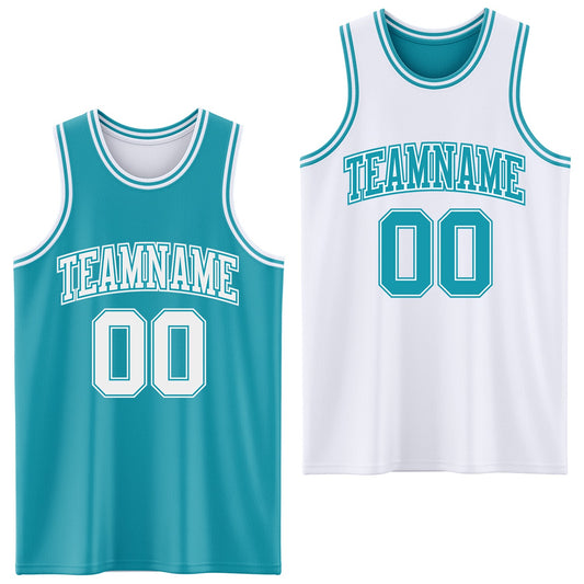 Custom Reversible Teal White Double Side Sublimation Basketball Set Jersey - Main View