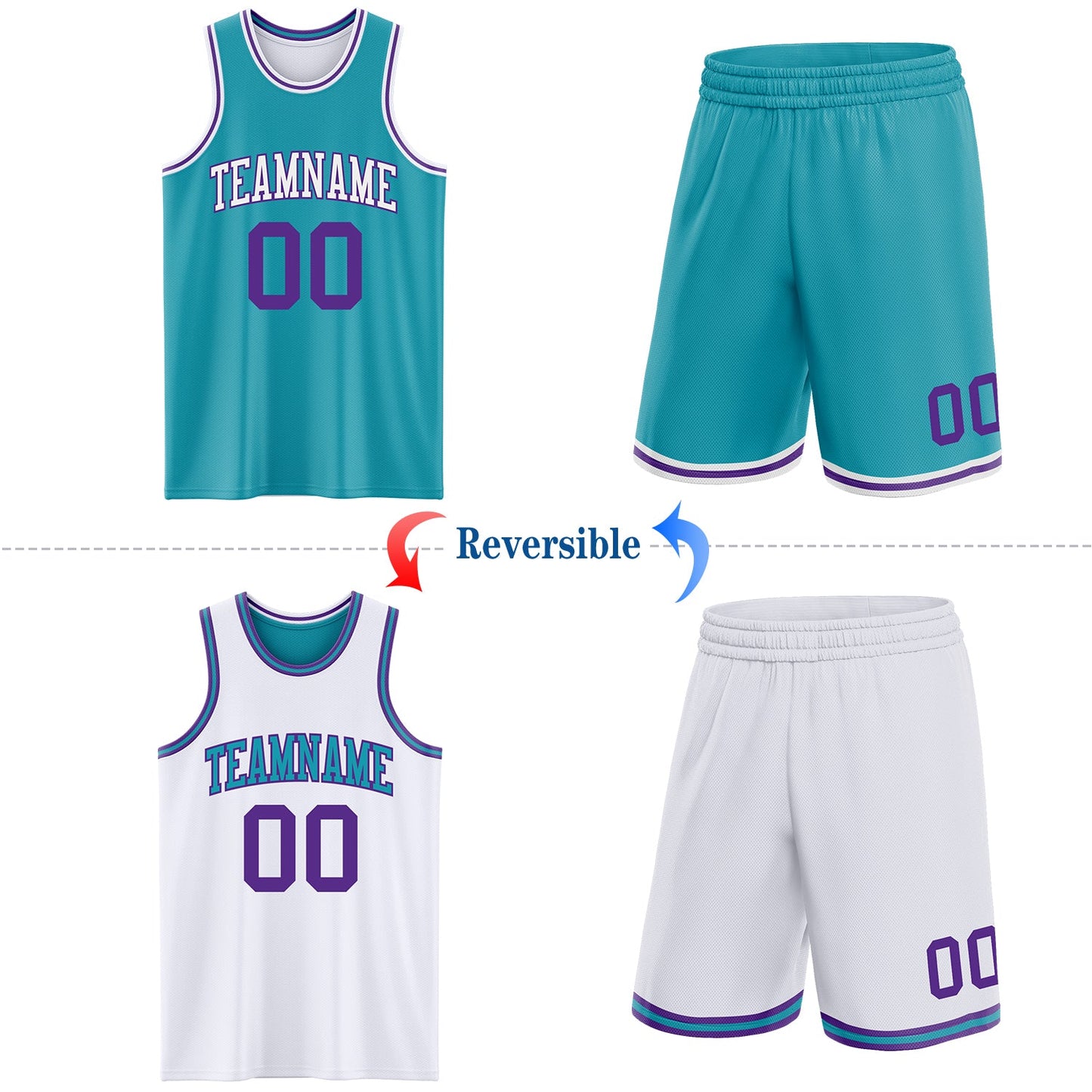 Custom Reversible Teal Purple-White Double Side Sublimation Basketball Set Jersey view 2