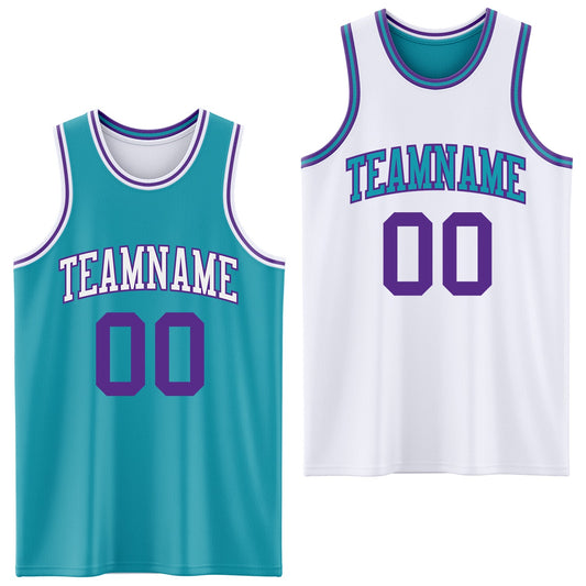 Custom Reversible Teal Purple-White Double Side Sublimation Basketball Set Jersey - Main View