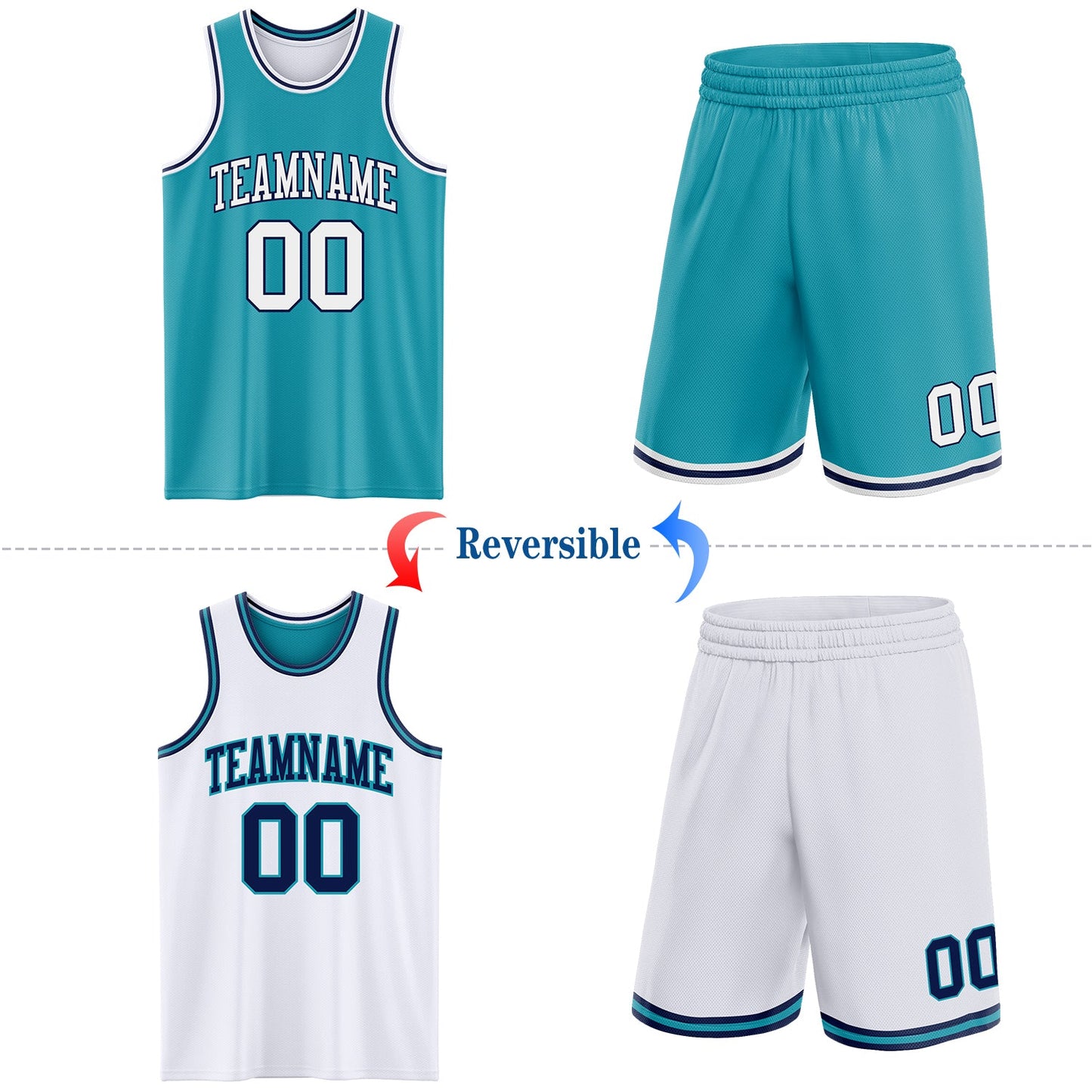 Custom Reversible Teal White-Navy Double Side Sublimation Basketball Set Jersey view 2