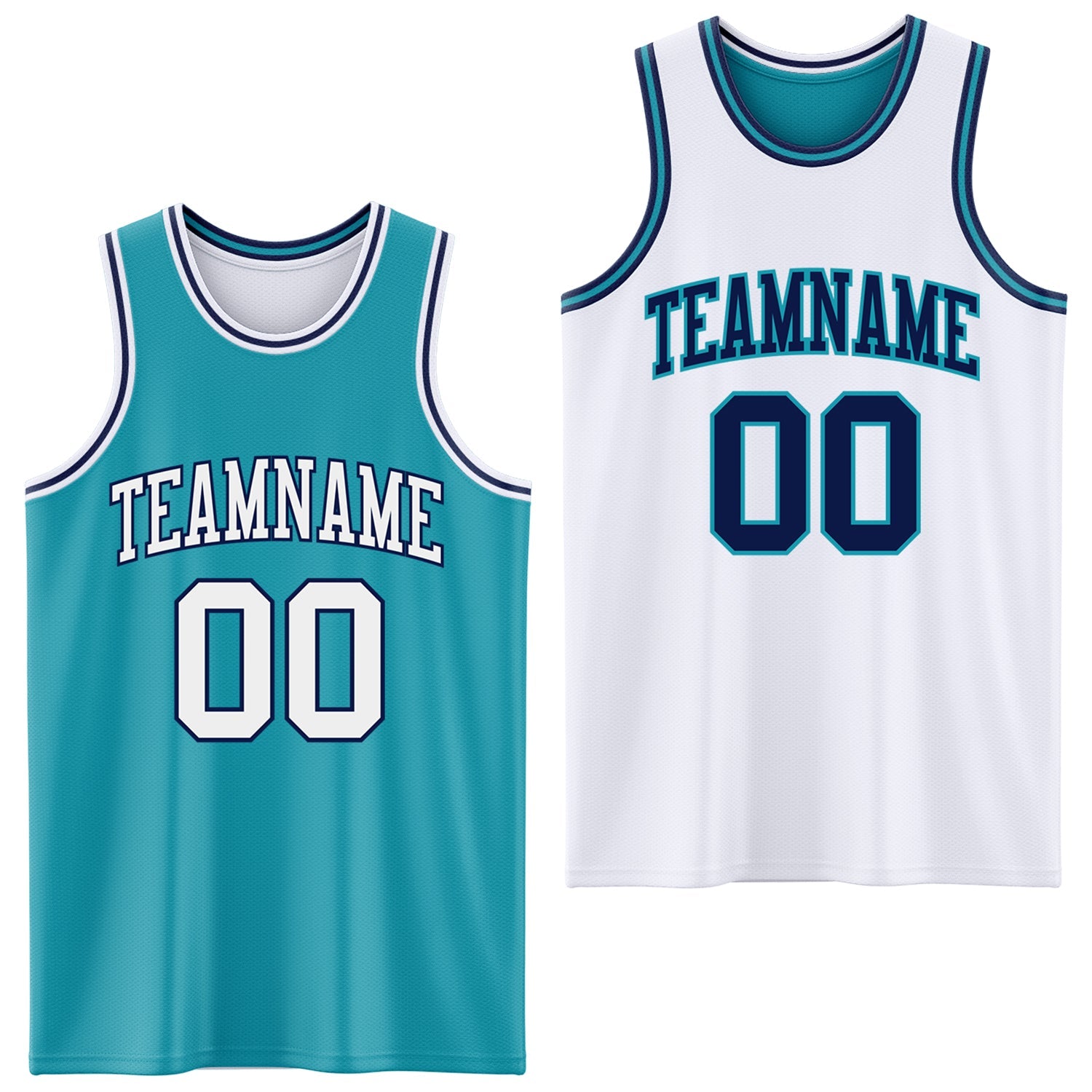 Custom Reversible Teal White-Navy Double Side Sublimation Basketball Set Jersey - Main View