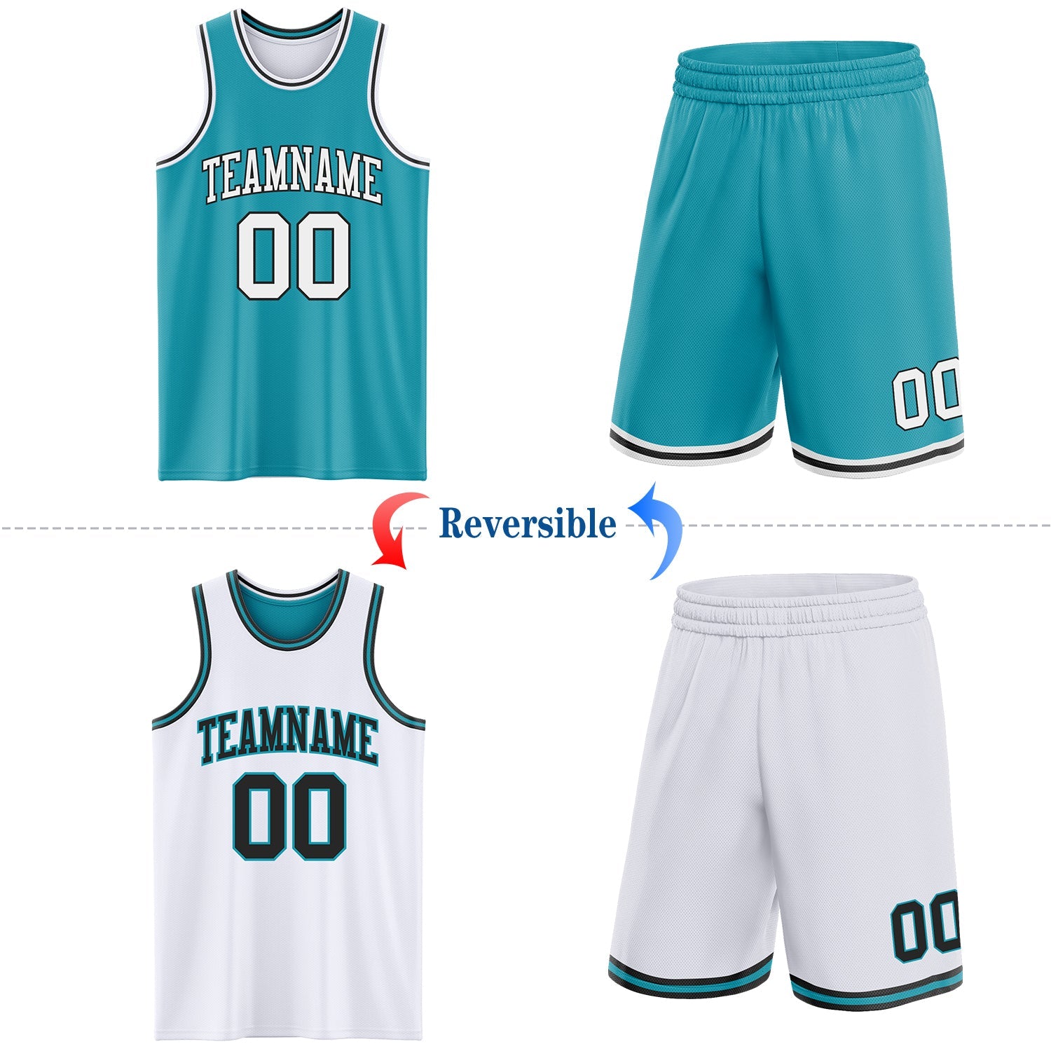 Custom Reversible Teal White-Black Double Side Sublimation Basketball Set Jersey view 2