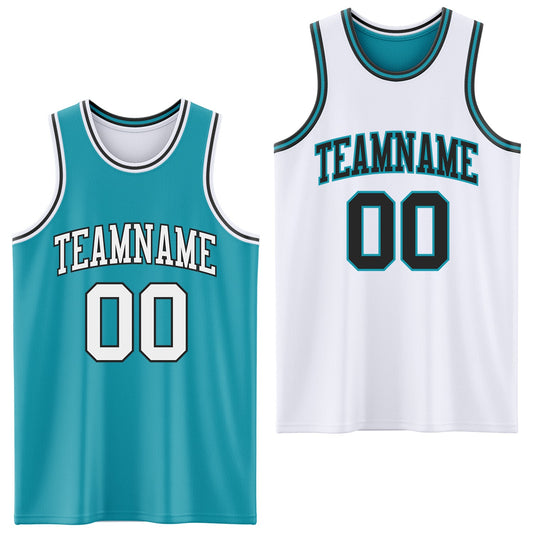 Custom Reversible Teal White-Black Double Side Sublimation Basketball Set Jersey - Main View