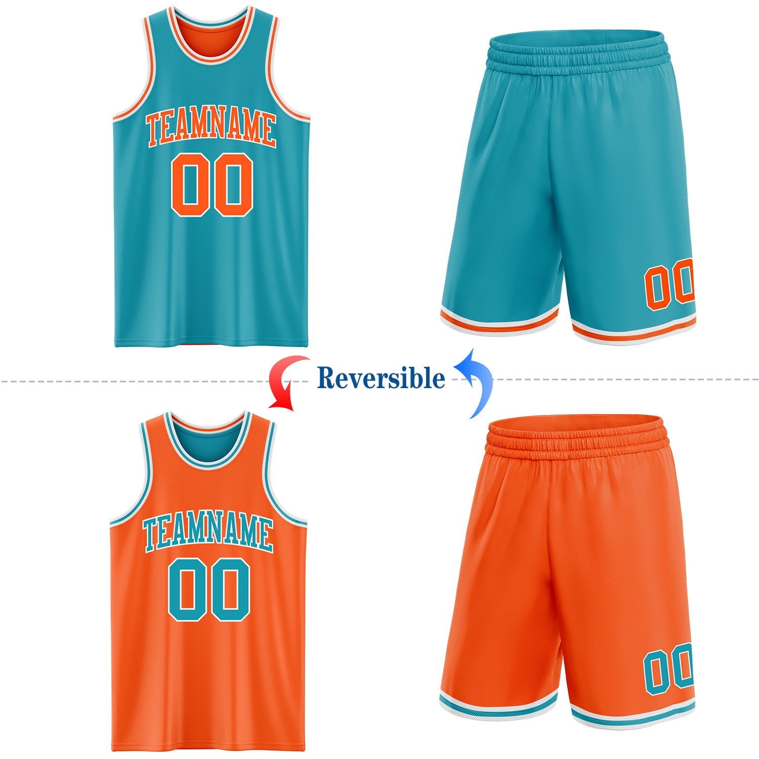 Custom Reversible Teal Orange-White Double Side Sublimation Basketball Set Jersey view 2