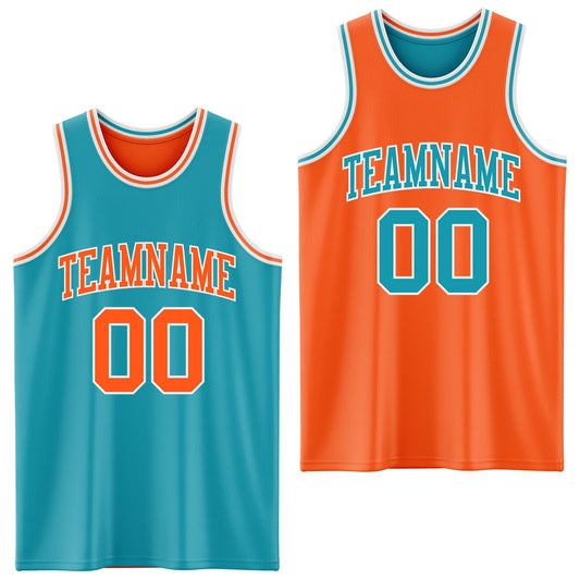 Custom Reversible Teal Orange-White Double Side Sublimation Basketball Set Jersey - Main View