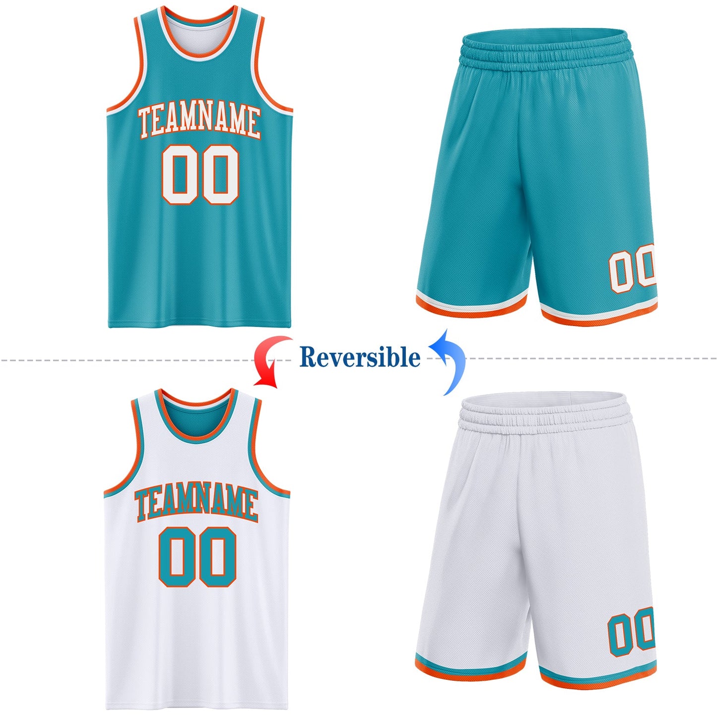 Custom Reversible Teal White-Orange Double Side Sublimation Basketball Set Jersey view 2