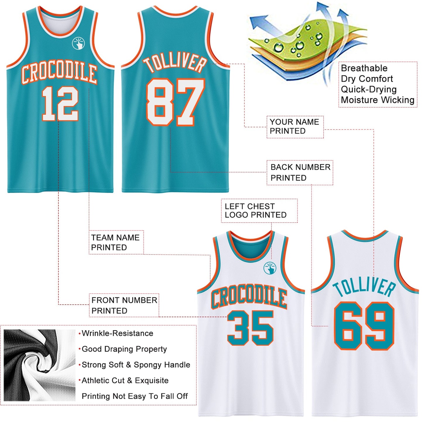 Custom Reversible Teal White-Orange Double Side Sublimation Basketball Set Jersey view 5