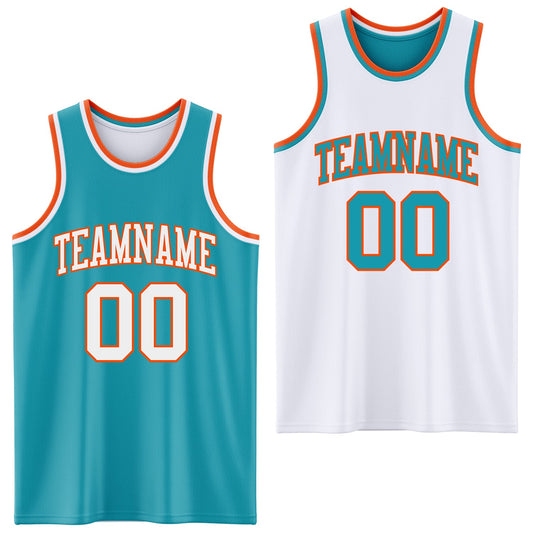 Custom Reversible Teal White-Orange Double Side Sublimation Basketball Set Jersey - Main View