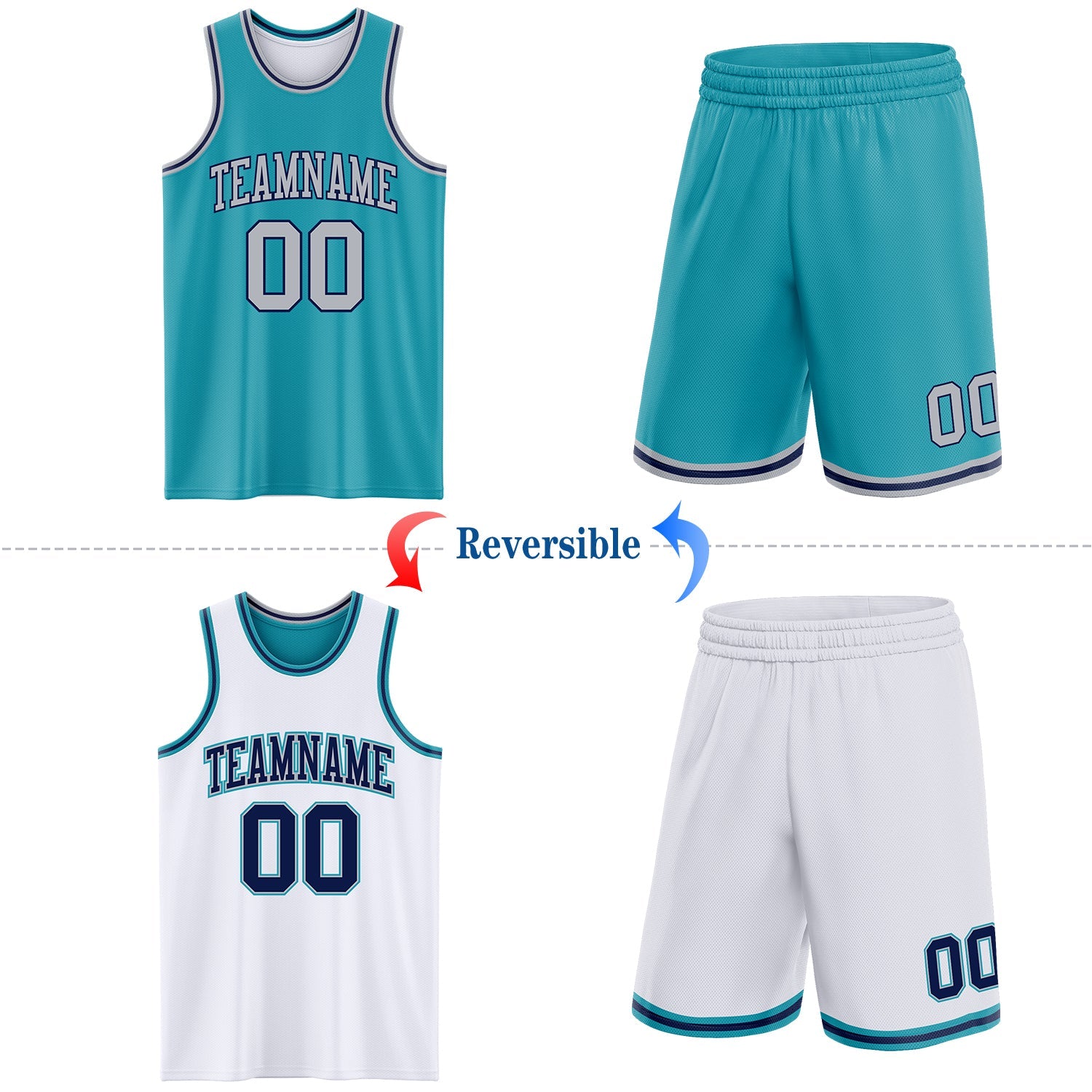 Custom Reversible Teal Gray-Navy Double Side Sublimation Basketball Set Jersey view 2