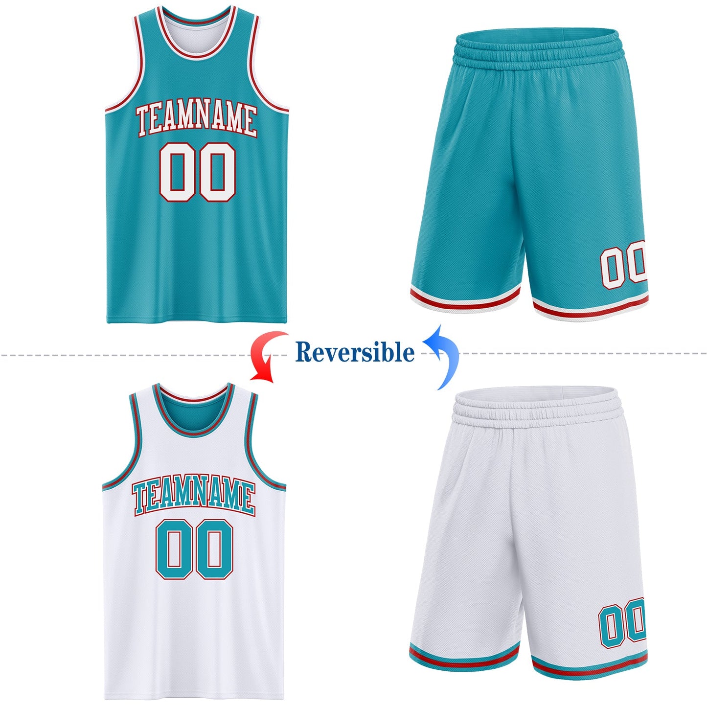 Custom Reversible Teal White-Red Double Side Sublimation Basketball Set Jersey view 2