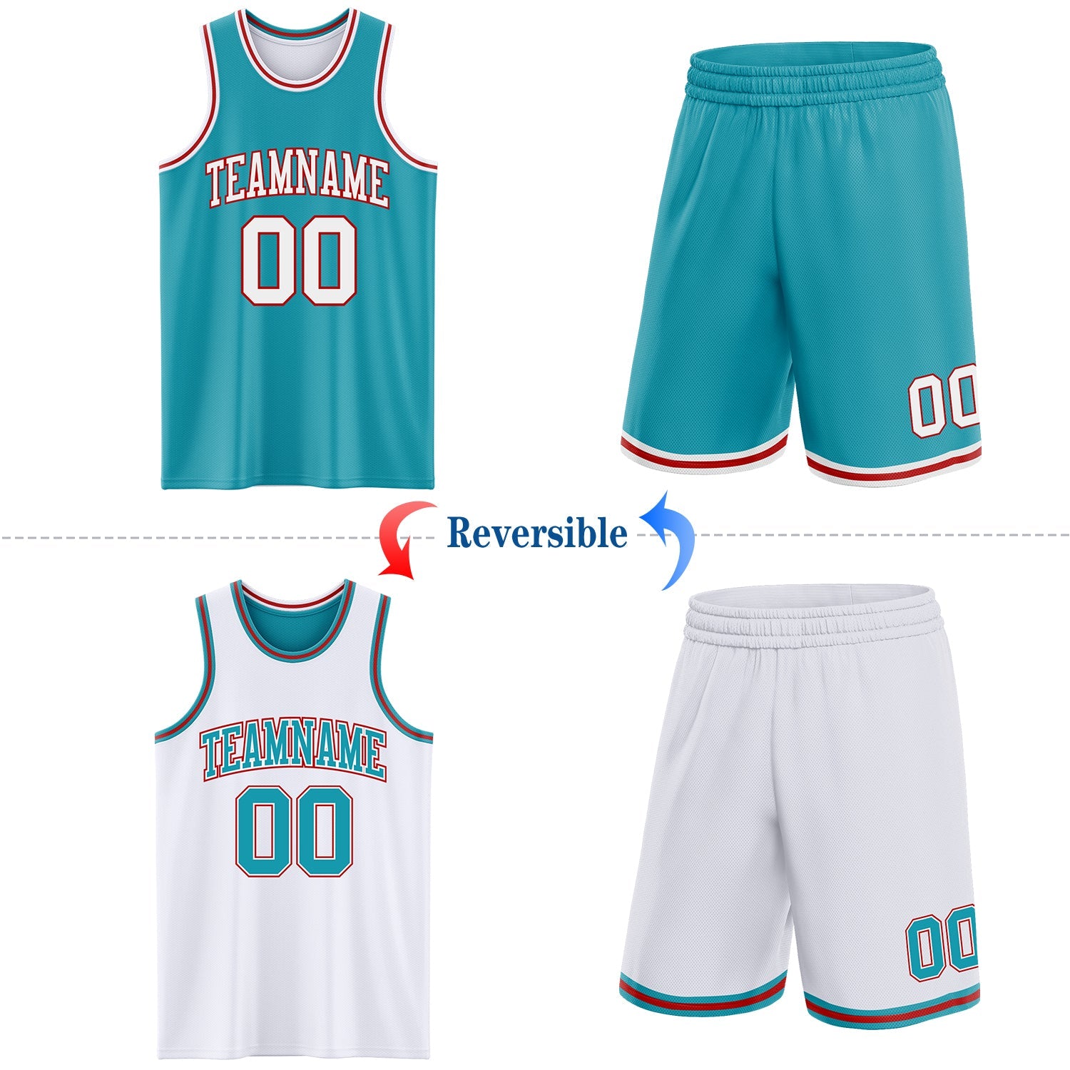 Custom Reversible Teal White-Red Double Side Sublimation Basketball Set Jersey view 2