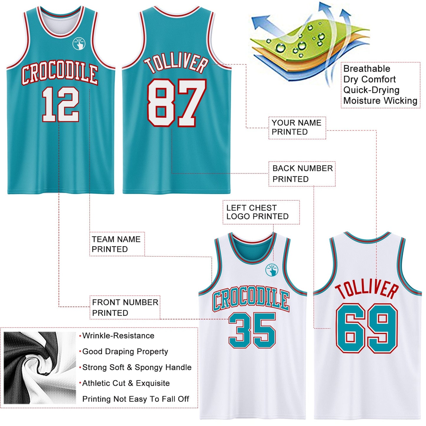 Custom Reversible Teal White-Red Double Side Sublimation Basketball Set Jersey view 5