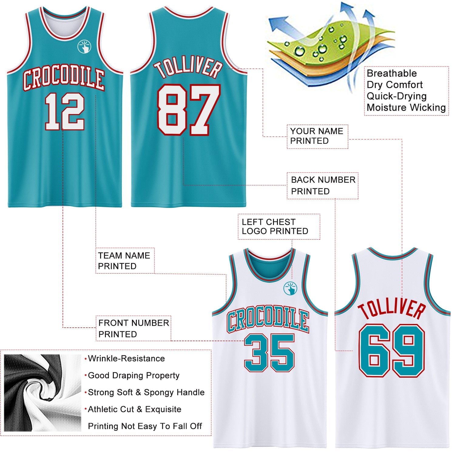 Custom Reversible Teal White-Red Double Side Sublimation Basketball Set Jersey view 5