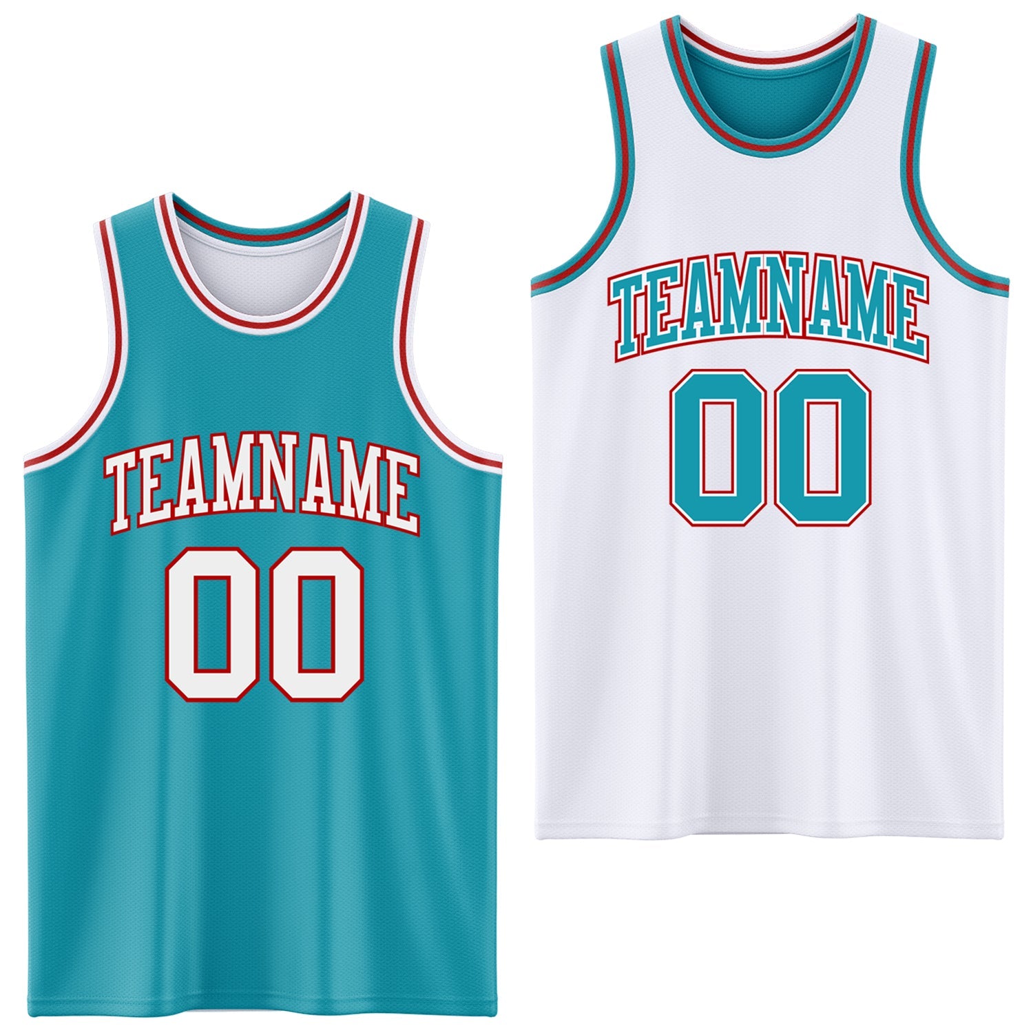 Custom Reversible Teal White-Red Double Side Sublimation Basketball Set Jersey - Main View