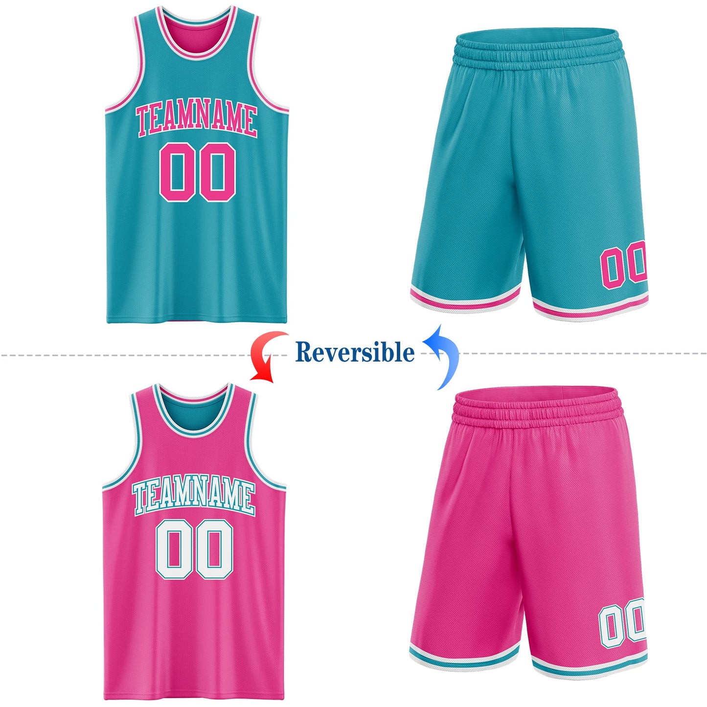 Custom Reversible Teal Pink-White Double Side Sublimation Basketball Set Jersey view 2