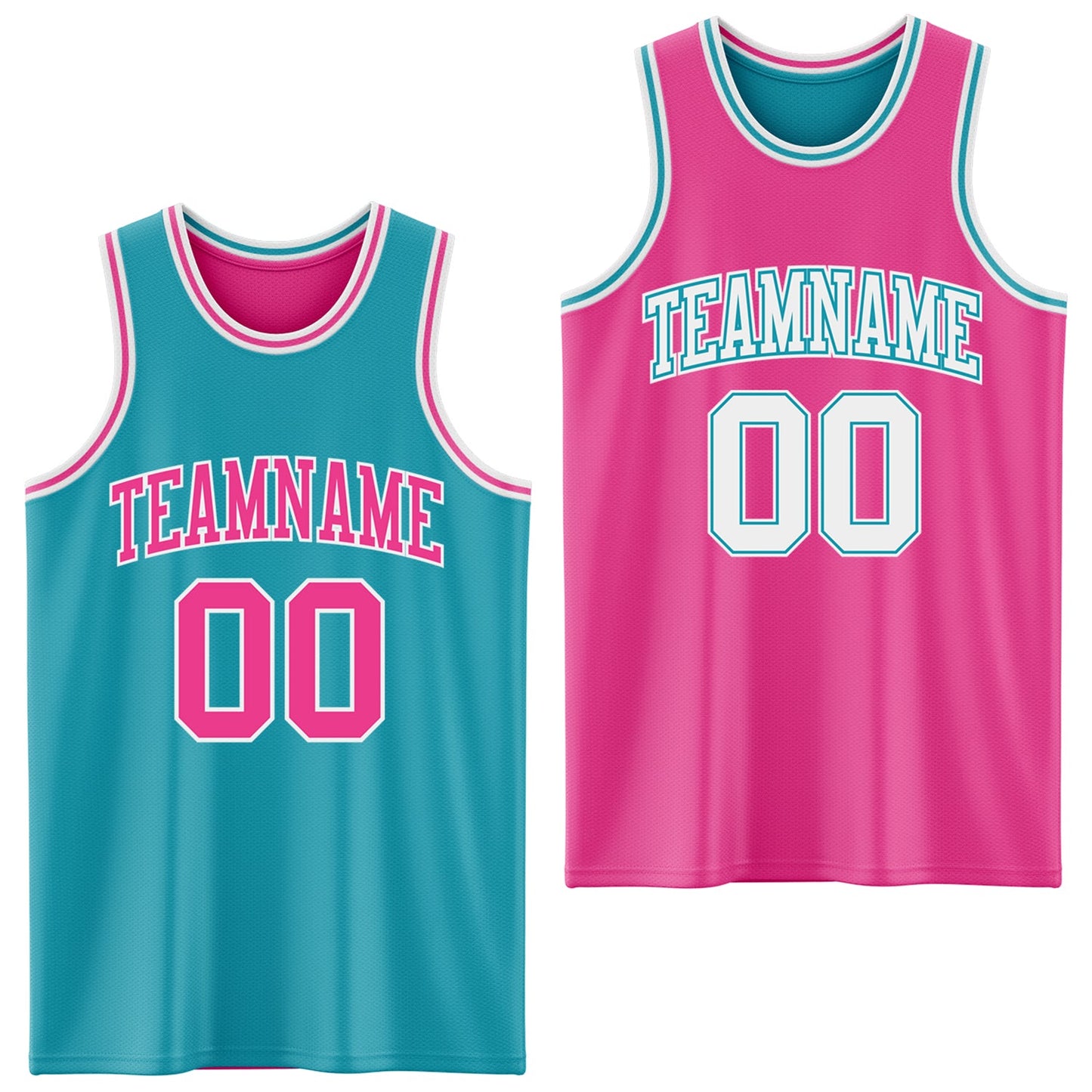 Custom Reversible Teal Pink-White Double Side Sublimation Basketball Set Jersey - Main View