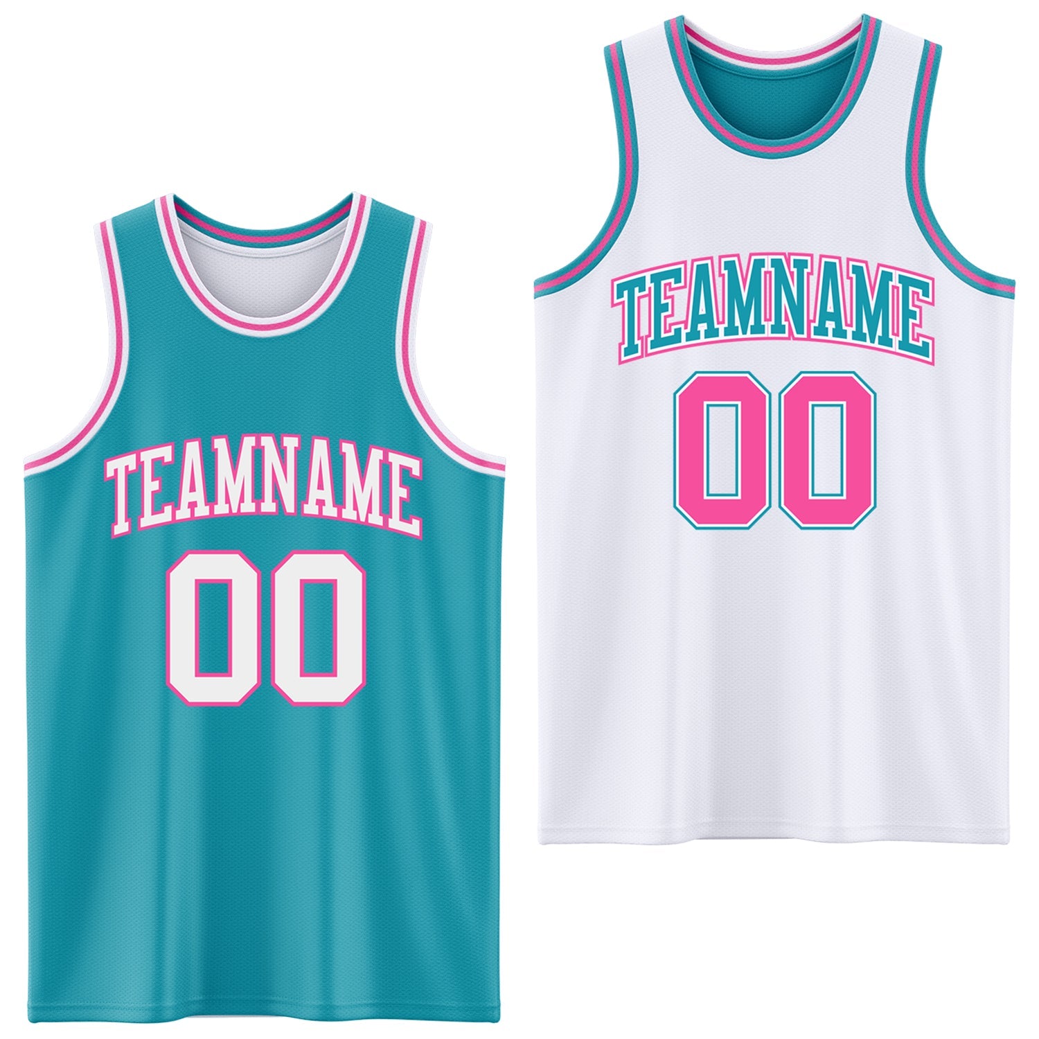 Custom Reversible Teal White-Pink Double Side Sublimation Basketball Set Jersey - Main View
