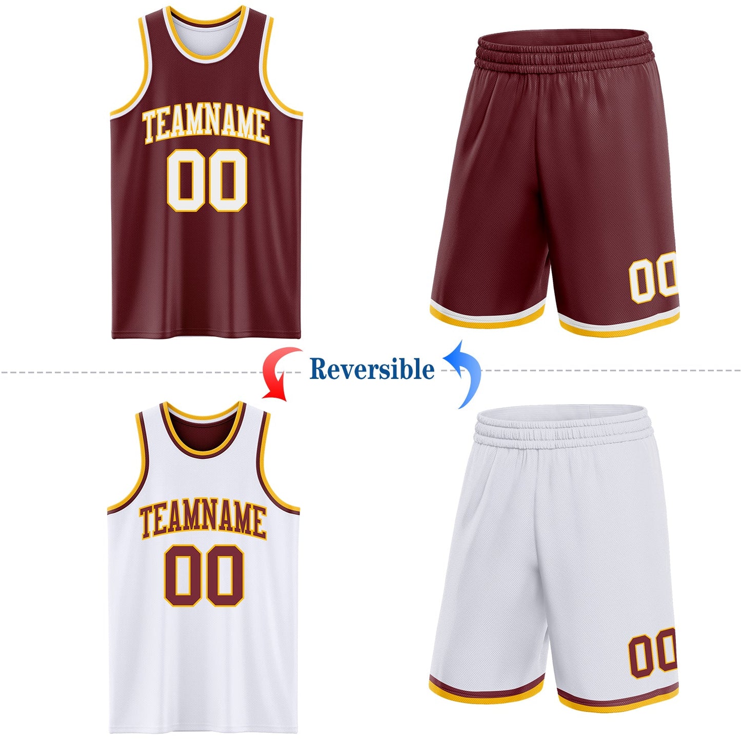 Custom Reversible Burgundy White-Gold Double Side Sublimation Basketball Set Jersey view 2