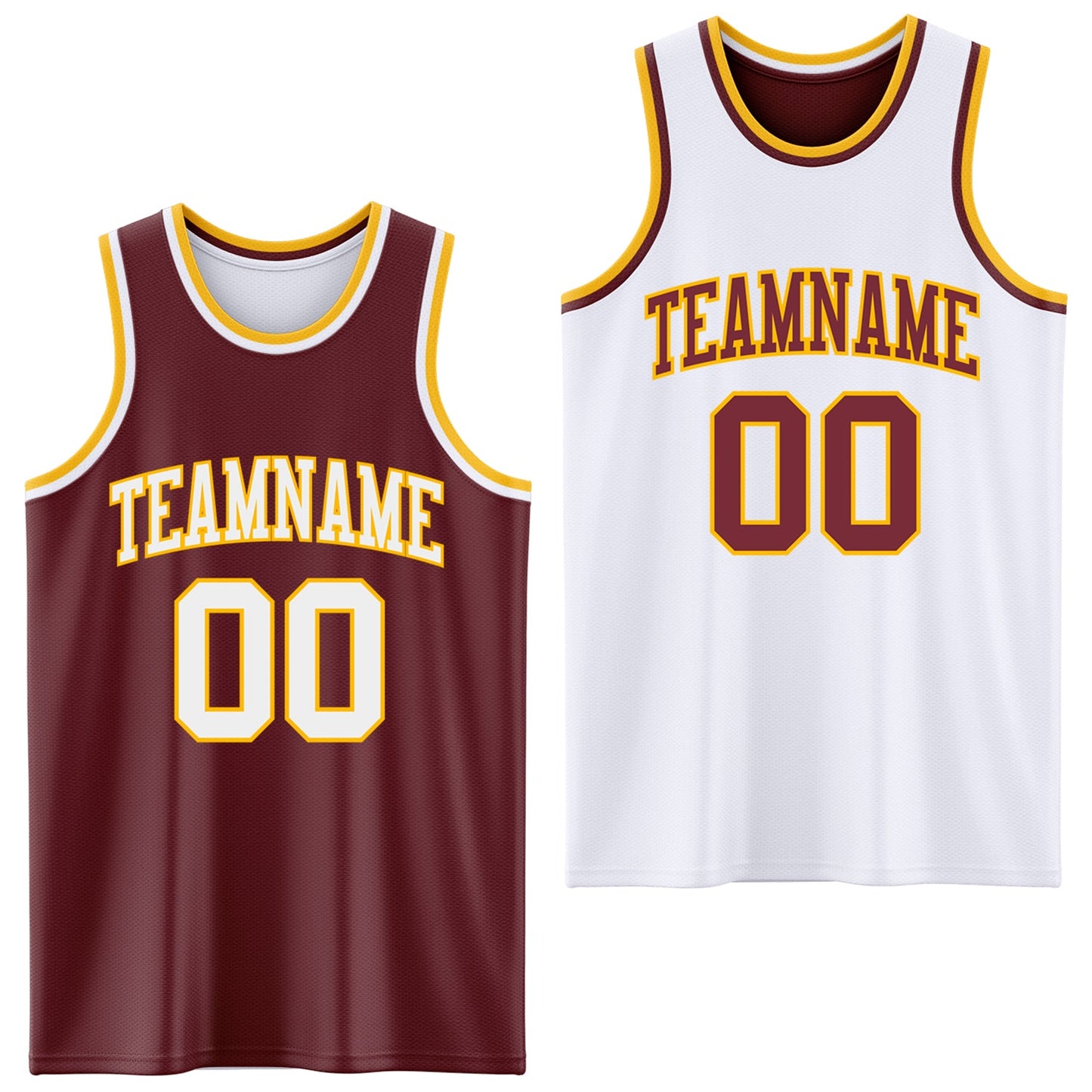 Custom Reversible Burgundy White-Gold Double Side Sublimation Basketball Set Jersey - Main View