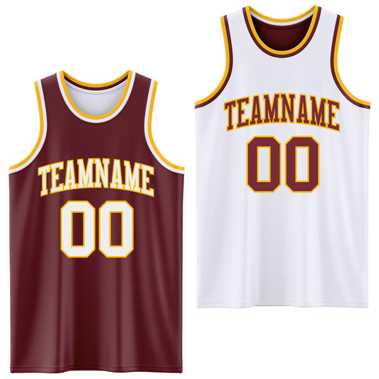 Custom Reversible Burgundy White-Gold Double Side Sublimation Basketball Set Jersey - Main View