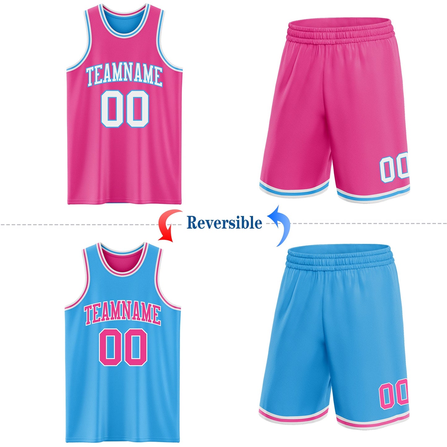 Custom Reversible Pink White-Sky Blue Double Side Sublimation Basketball Set Jersey view 2