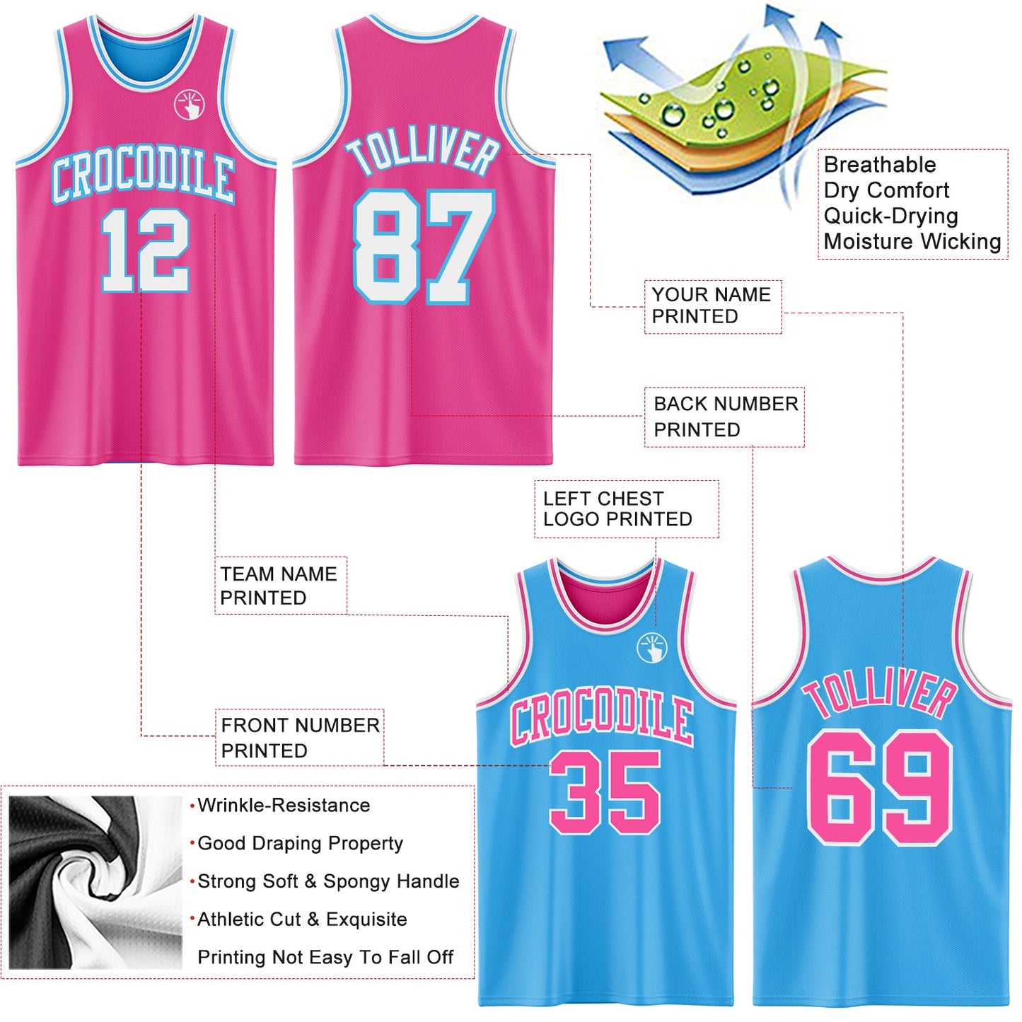Custom Reversible Pink White-Sky Blue Double Side Sublimation Basketball Set Jersey view 5