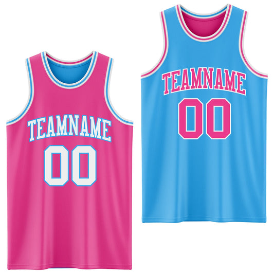 Custom Reversible Pink White-Sky Blue Double Side Sublimation Basketball Set Jersey - Main View