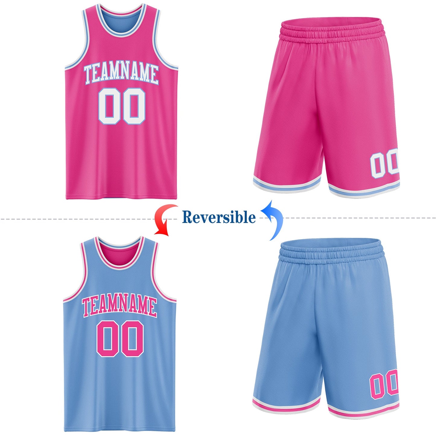 Custom Reversible Pink White-Light Blue Double Side Sublimation Basketball Set Jersey view 2